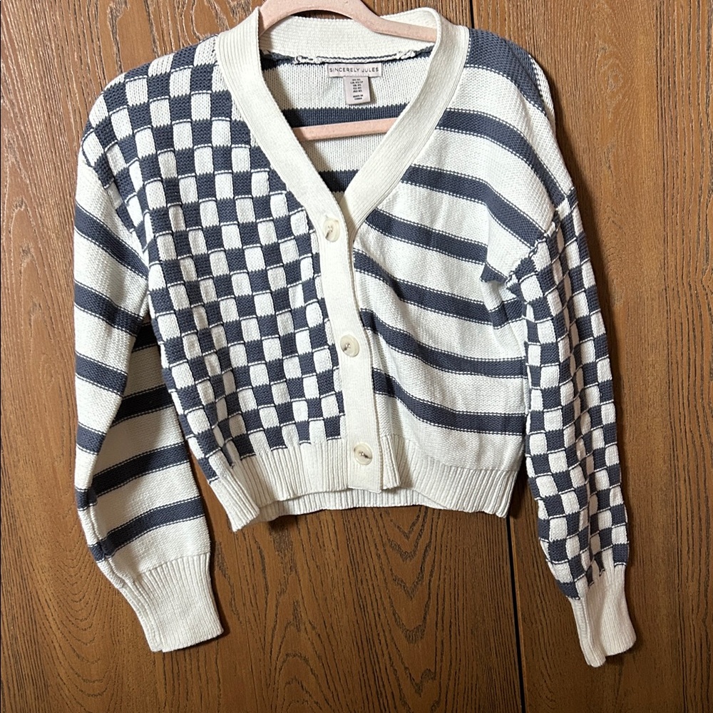 Blue and cream Checkered and stripes Cardigan
